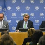 Francisco Javier Gasso, consejero político; Román Oyarzun, representante permanente de España ante las Naciones Unidas; y Florentino Sotomayor, consejero de Información y Prensa, durante una rueda de prensa hoy, lunes 5 de octubre de 2015, en la sede de las Naciones Unidas en Nueva York. España espera que la ampliación del Cuarteto para la paz en Oriente Medio con países de la región y otros actores permita dar un nuevo impulso al proceso, según dijo Oyarzun. EFE