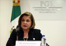Fotografía cedida por la Procuraduría General de la República que muestra a la fiscal mexicana, Arely Gómez, durante una rueda de prensa hoy, miércoles 21 de octubre de 2015, en Ciudad de México (México). Gómez aseguró que el grupo responsable de coordinar la fuga del narcotraficante Joaquín "El Chapo" Guzmán Loera de una cárcel de máxima seguridad ha quedado desarticulado, tras varias detenciones recientes. EFE/Procuraduría General de la República/SOLO USO EDITORIAL